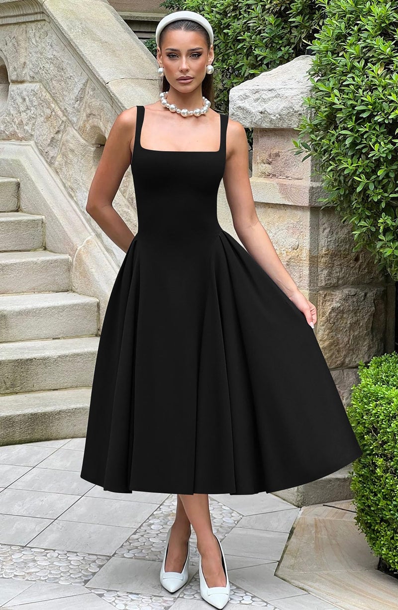 Memoriesea Women's Elegant Square Neck Swing A Line Wedding Evening Party Midi Dress Black - Image 4