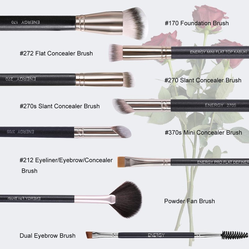 Energy Makeup Brushes Premium Synthetic Foundation Powder Concealers Eye Shadows Mascara Eyeliner Brow Fan Blush Makeup Brush Set with PU Cosmetic Bag,Professional Make Up Kit Black 8 Pcs - Image 2