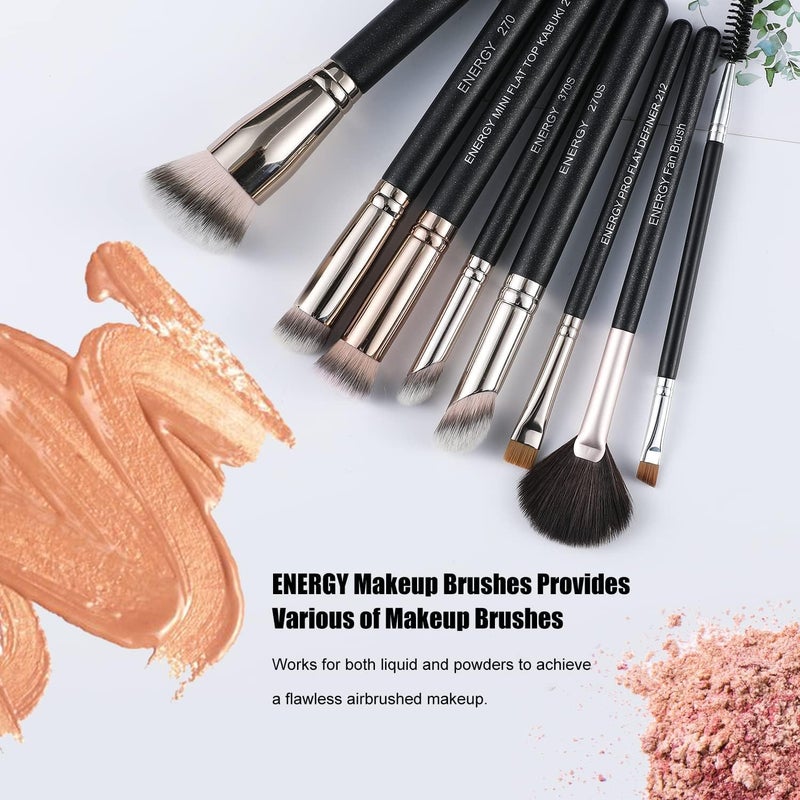 Energy Makeup Brushes Premium Synthetic Foundation Powder Concealers Eye Shadows Mascara Eyeliner Brow Fan Blush Makeup Brush Set with PU Cosmetic Bag,Professional Make Up Kit Black 8 Pcs - Image 3