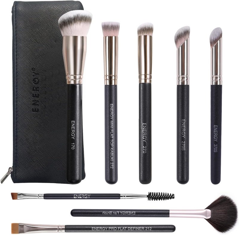 Energy Makeup Brushes Premium Synthetic Foundation Powder Concealers Eye Shadows Mascara Eyeliner Brow Fan Blush Makeup Brush Set with PU Cosmetic Bag,Professional Make Up Kit Black 8 Pcs - Image 1