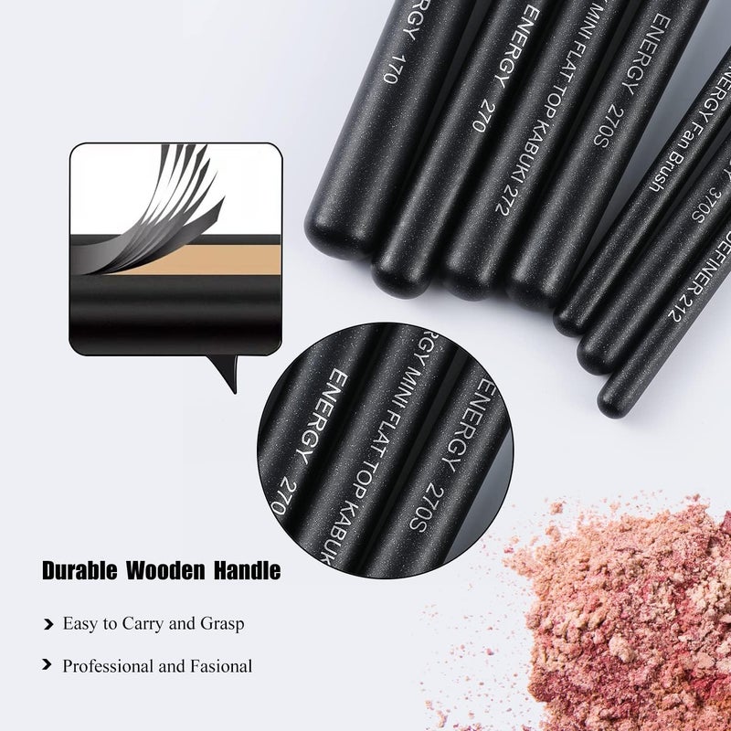 Energy Makeup Brushes Premium Synthetic Foundation Powder Concealers Eye Shadows Mascara Eyeliner Brow Fan Blush Makeup Brush Set with PU Cosmetic Bag,Professional Make Up Kit Black 8 Pcs - Image 4