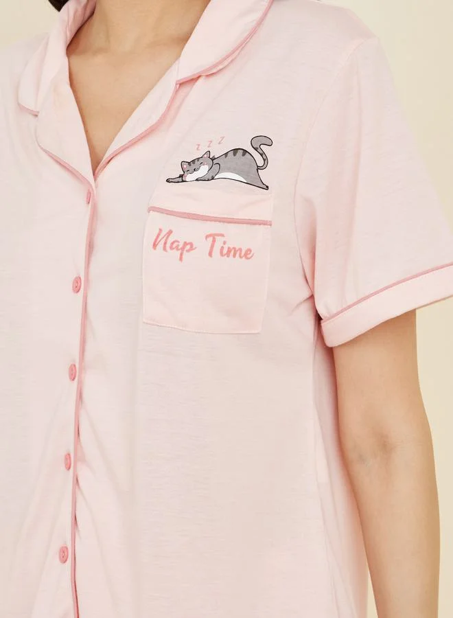 ستايلي Cat Print Contrast Piped Detail Shirt and Pyjama Set