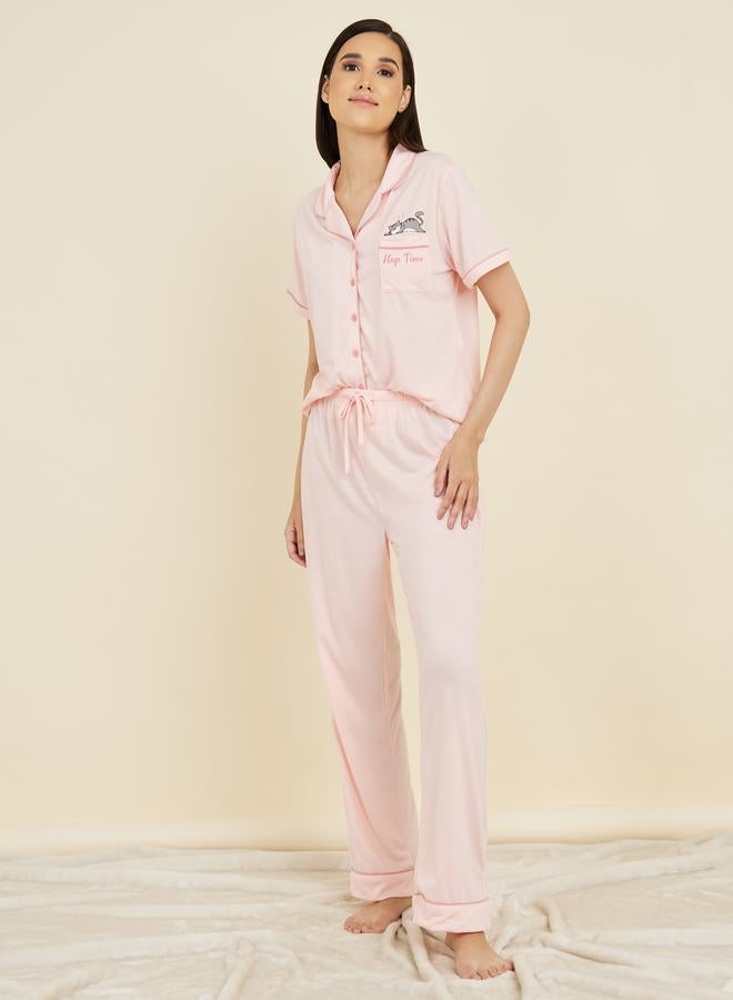 Styli Cat Print Contrast Piped Detail Shirt and Pyjama Set - Image 1