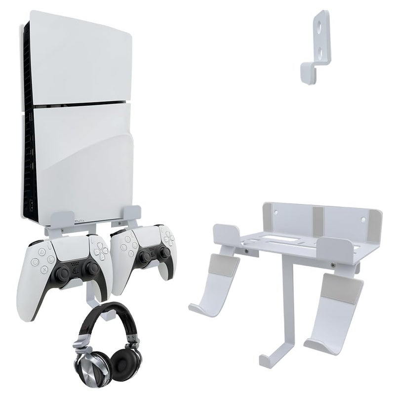 Chanvoo Wall Mount for PS5 SlimPS5 Pro Console Aluminum PS5 Slim DiscDigital Console Wall Shelf Mount with Controller Headphone Holder White Not for Regular PS5 - Image 2