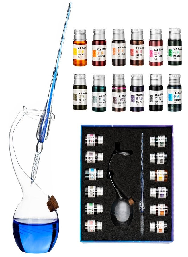 AOKUY Glass Pen Set Calligraphy Dip Pens,12 Colorful Inks,Caligraphy Sets for Art, Writing, Signature, Decoration, Gift (12 Blue Washed Set) - Image 1