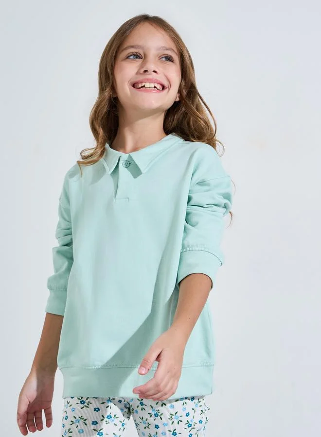 ستايلي Teen Girls Green Collared Oversized Sweatshirt