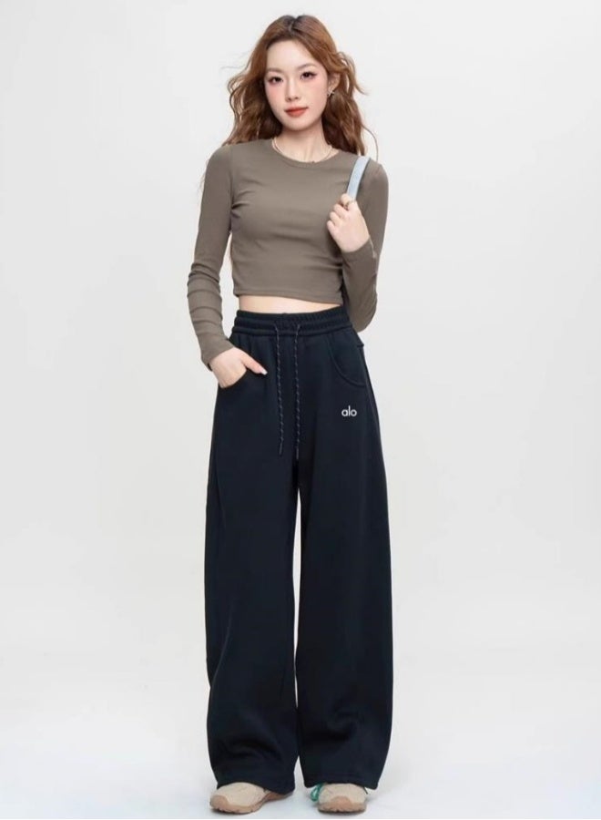 ALO Sweatpants - Casual Wide Leg Pants - Suitable for Spring and Autumn（Black） - Image 2
