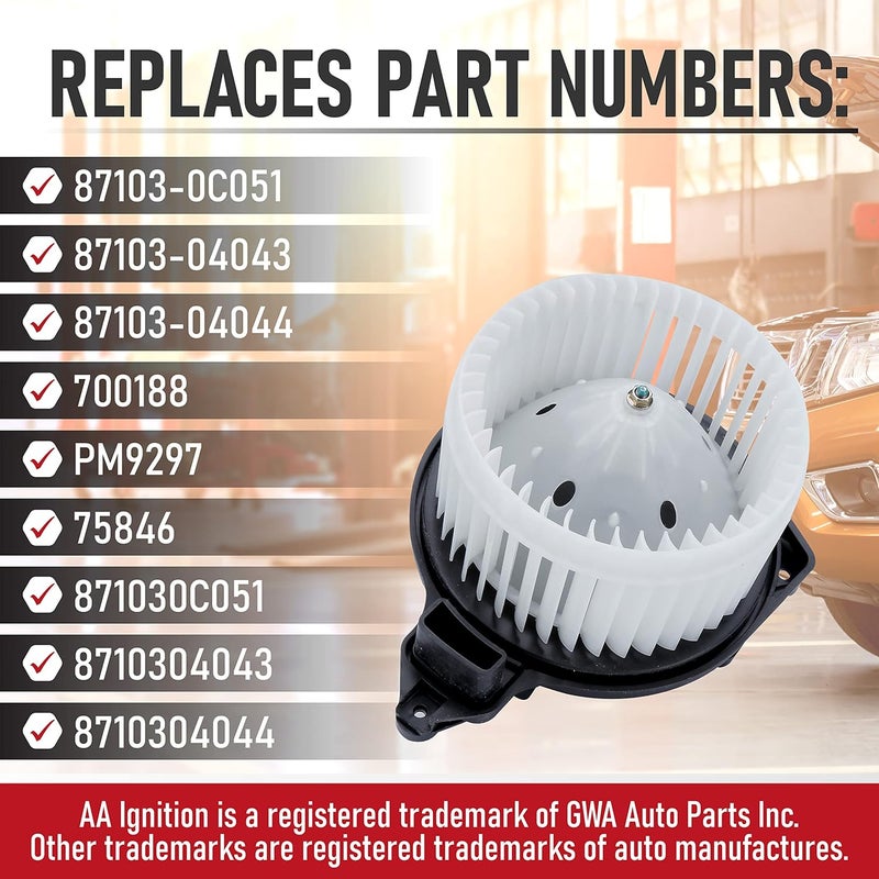 AA Ignition Toyota Tacoma AC Heater Blower Motor Fan Assembly Replacement 2005-2015 - Replaces 87103-04044, 700188, PM9297, 75846 - Air Conditioning Fan Blower Motor Replacement - Image 3