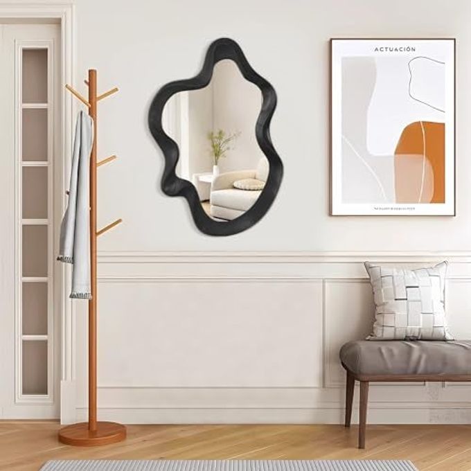 Lzuso Asymmetrical Mirror Wood Frame Irregular Wall Mirror Unique Shape Wavy Wall Mirror Modern Artistic Cloud Mirror Decorative for Living Room Bedroom Cloakroom Bathroom Entryway Hallway White - Image 3