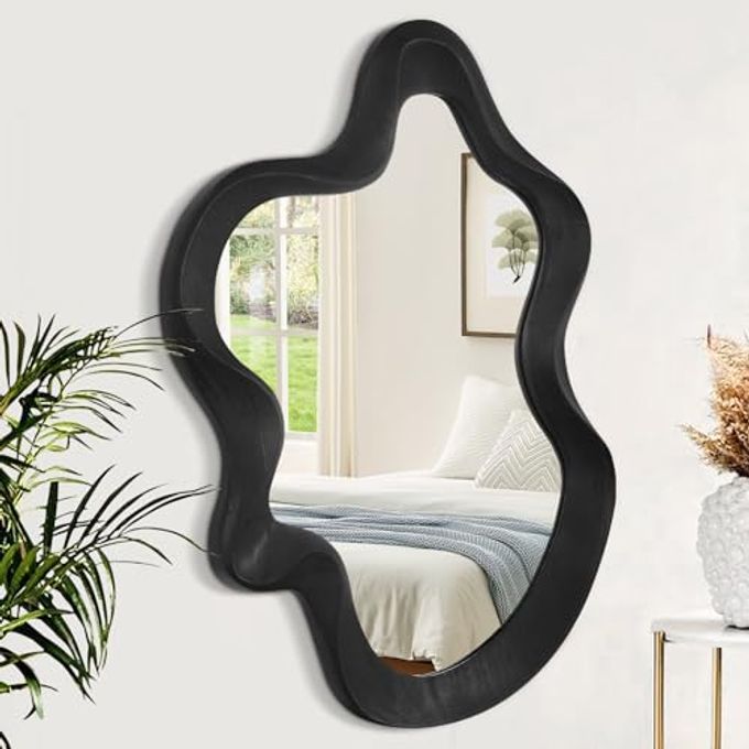 Lzuso Asymmetrical Mirror Wood Frame Irregular Wall Mirror Unique Shape Wavy Wall Mirror Modern Artistic Cloud Mirror Decorative for Living Room Bedroom Cloakroom Bathroom Entryway Hallway White - Image 4