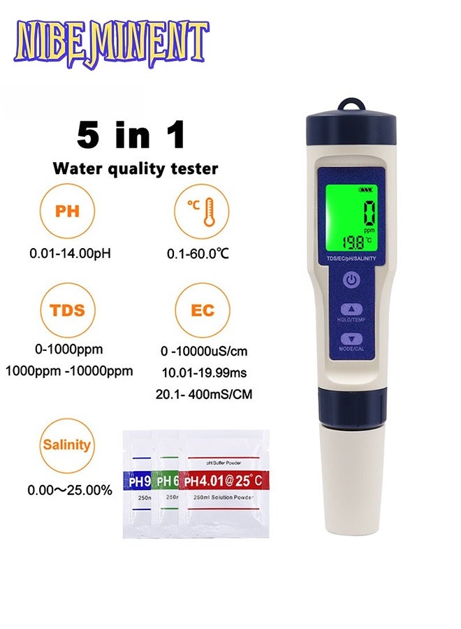 NIBEMINENT 5 in 1 Professional Multi-parameter Combo Testing Meter PH/EC/TDS/Salinity/Thermometer Digital Multi-Function Tester Water Quality Tester Pool Salt Tester & PH Meter, Digital Salinity Meter and PH Tester for Aquarium and Pool Saltwater Water,High Accuracy  - Image 1