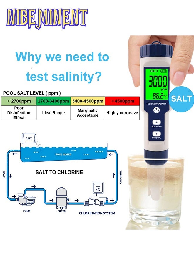 NIBEMINENT 5 in 1 Professional Multi-parameter Combo Testing Meter PH/EC/TDS/Salinity/Thermometer Digital Multi-Function Tester Water Quality Tester Pool Salt Tester & PH Meter, Digital Salinity Meter and PH Tester for Aquarium and Pool Saltwater Water,High Accuracy  - Image 3