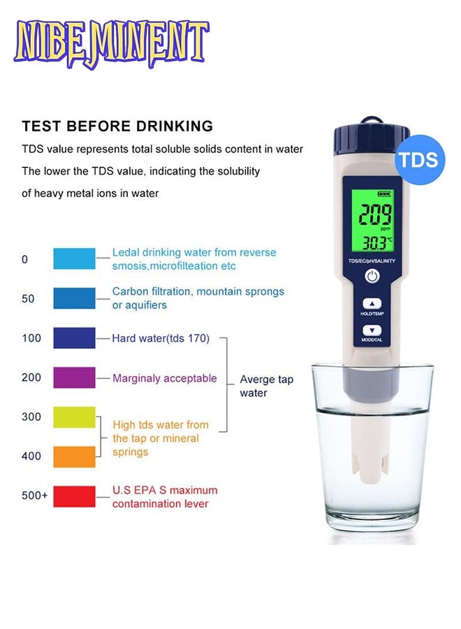 NIBEMINENT 5 in 1 Professional Multi-parameter Combo Testing Meter PH/EC/TDS/Salinity/Thermometer Digital Multi-Function Tester Water Quality Tester Pool Salt Tester & PH Meter, Digital Salinity Meter and PH Tester for Aquarium and Pool Saltwater Water,High Accuracy  - Image 4