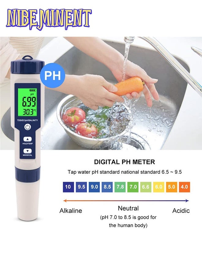 NIBEMINENT 5 in 1 Professional Multi-parameter Combo Testing Meter PH/EC/TDS/Salinity/Thermometer Digital Multi-Function Tester Water Quality Tester Pool Salt Tester & PH Meter, Digital Salinity Meter and PH Tester for Aquarium and Pool Saltwater Water,High Accuracy  - Image 2