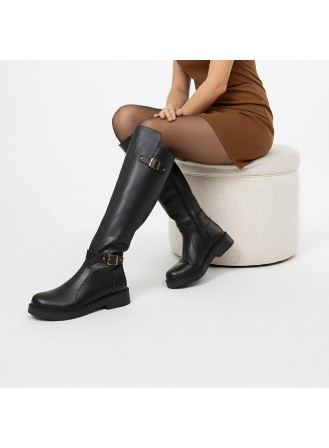 لايف ستيلاش  بوت طويل بكعب متوسط من الجلد أنيق LB-41 - اسود - Image 1