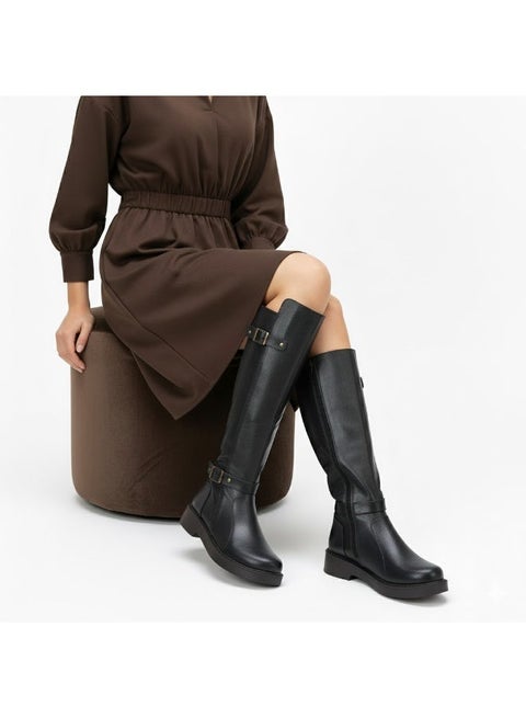 بوت طويل بكعب متوسط من الجلد أنيق LB-41 - اسود