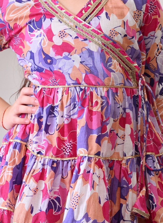 Indi-Loom Couture Girls Floral Printed Tiered Gotta Patti Pure Cotton Kurta With Sharara - Image 5