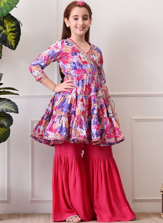 Indi-Loom Couture Girls Floral Printed Tiered Gotta Patti Pure Cotton Kurta With Sharara - Image 3