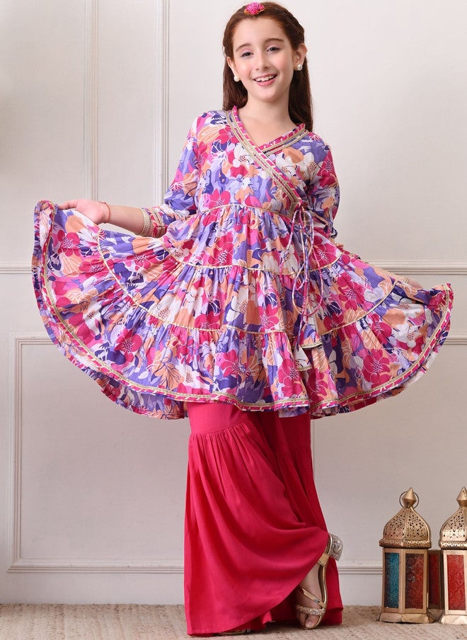 Indi-Loom Couture Girls Floral Printed Tiered Gotta Patti Pure Cotton Kurta With Sharara - Image 4