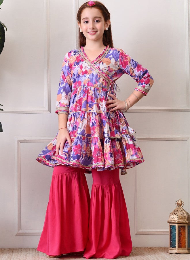 Indi-Loom Couture Girls Floral Printed Tiered Gotta Patti Pure Cotton Kurta With Sharara - Image 1