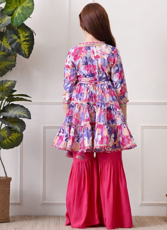 Indi-Loom Couture Girls Floral Printed Tiered Gotta Patti Pure Cotton Kurta With Sharara - Image 2
