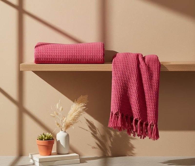 Subtlespreads Waffle Weave 100% Cotton Sofa Throw Blanket | 50x60 Inches | Soft, Breathable, Lightweight Couch Throw for Bed, Travel, Boho Home Decor 15+ Colors (Magenta) - Image 3