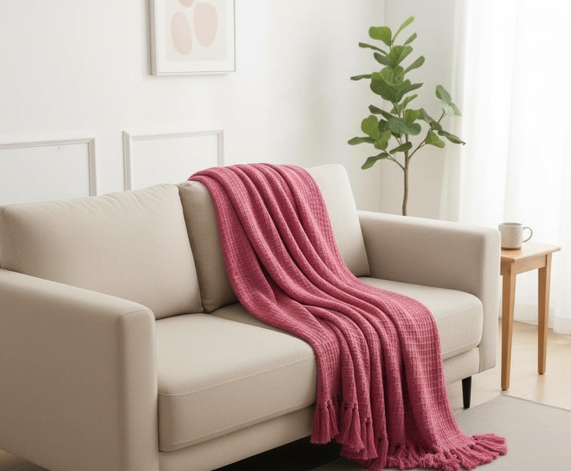 Subtlespreads Waffle Weave 100% Cotton Sofa Throw Blanket | 50x60 Inches | Soft, Breathable, Lightweight Couch Throw for Bed, Travel, Boho Home Decor 15+ Colors (Magenta) - Image 4
