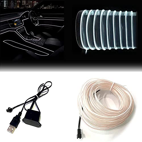 Automaze USB El Wire, 5M Neon Lights 5V with Fuse Protection for Automotive Car Interior Decoration with 6mm Sewing Edge (White) - Image 1