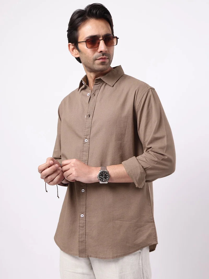 Maniac  Maniac Solid Mens Collared Neck Full Sleeve Cotton Linen Light Brown Shirt for Men | Best Price UAE