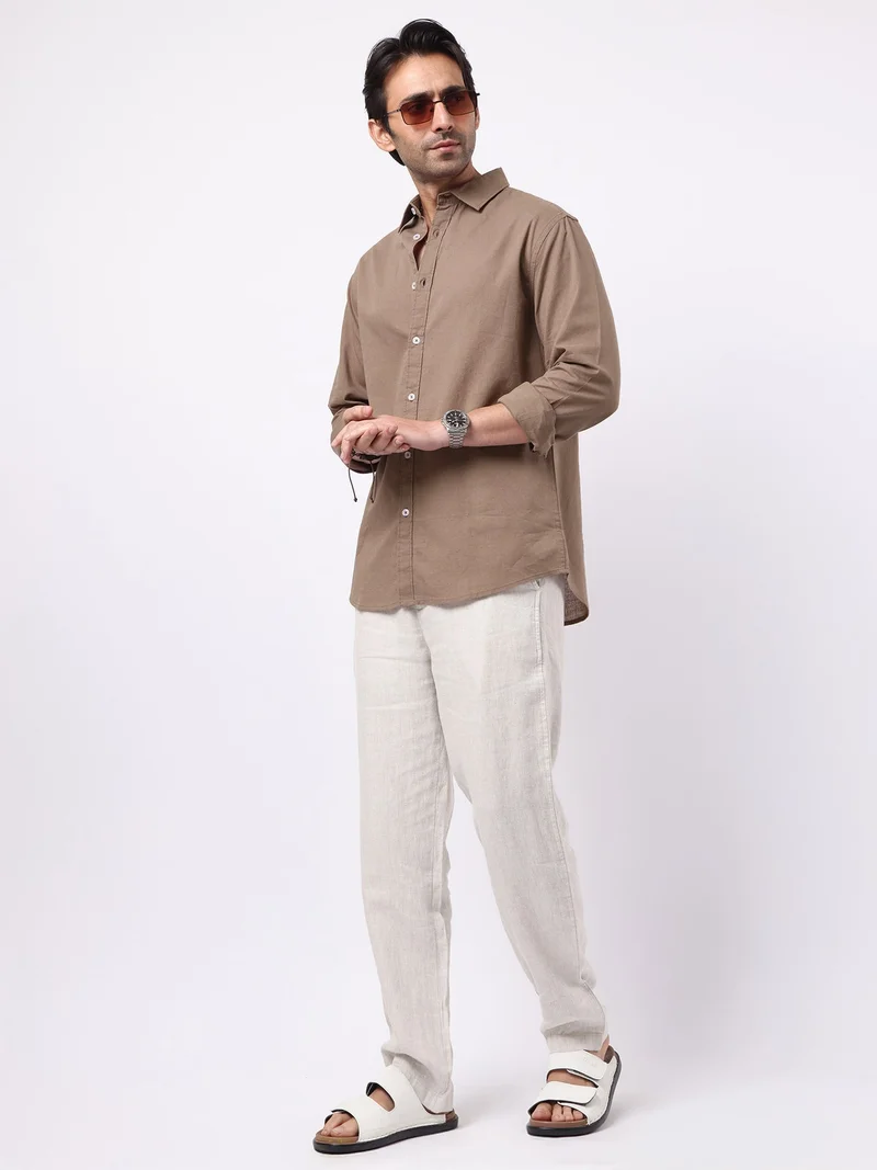 Maniac  Maniac Solid Mens Collared Neck Full Sleeve Cotton Linen Light Brown Shirt for Men | Best Price UAE