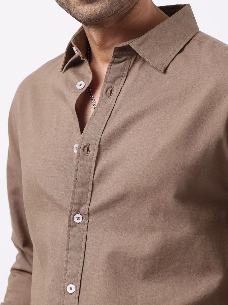 Maniac  Maniac Solid Mens Collared Neck Full Sleeve Cotton Linen Light Brown Shirt for Men | Best Price UAE