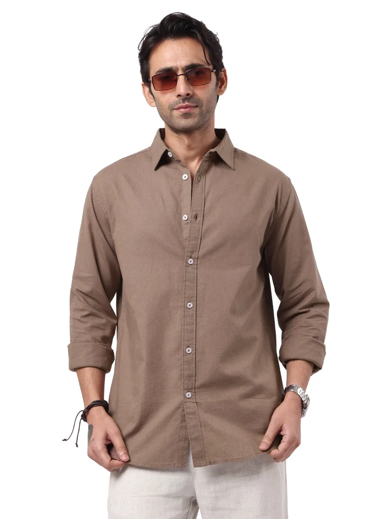 Maniac Maniac Solid Mens Collared Neck Full Sleeve Cotton Linen Light Brown Shirt