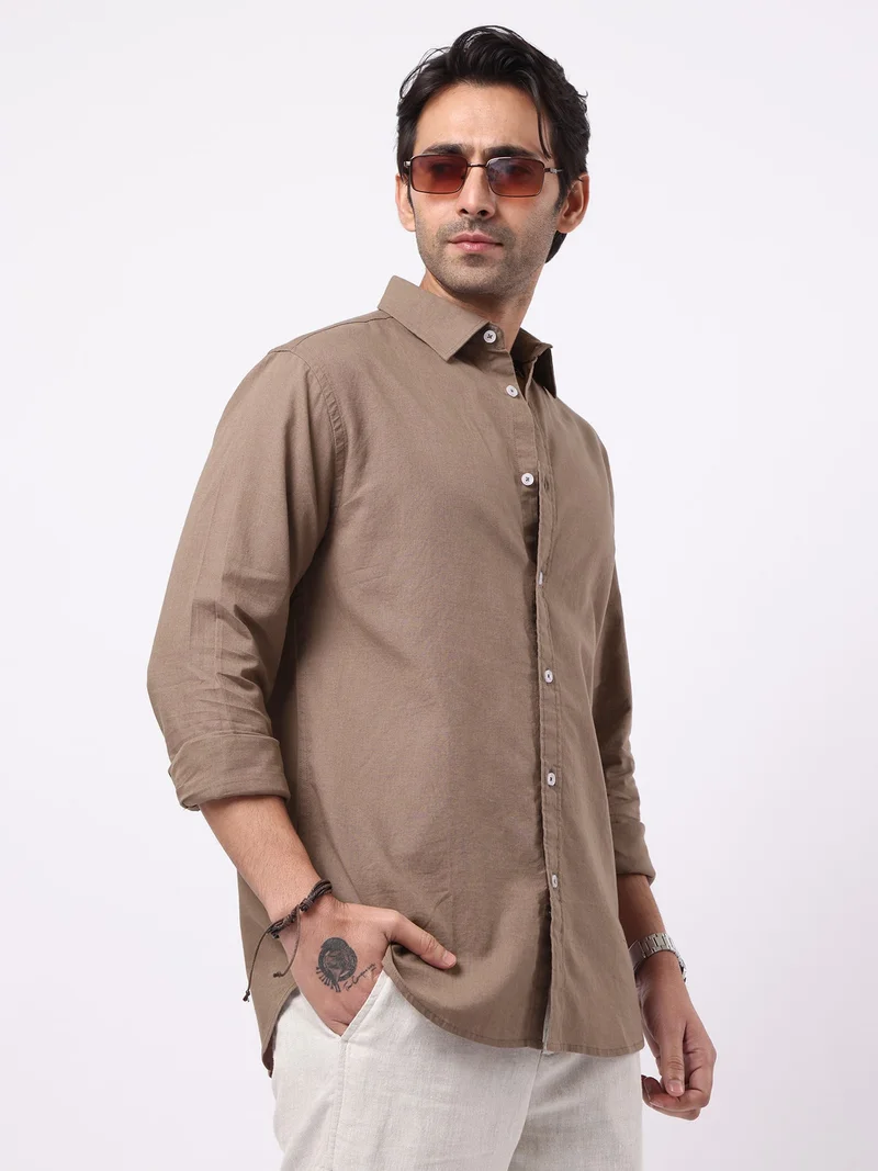 Maniac Maniac Solid Mens Collared Neck Full Sleeve Cotton Linen Light Brown Shirt