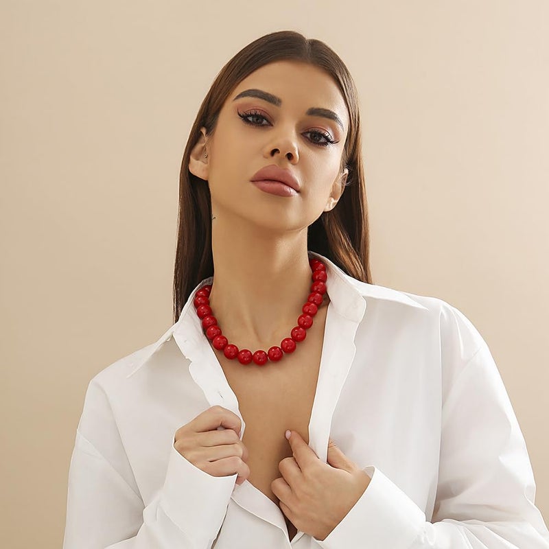 BERYUAN Black Red Pearl Choker Gothic Beads Collar Choker Faux Pearl Strand Necklace Boho Beads Necklace for Women(red) - Image 2