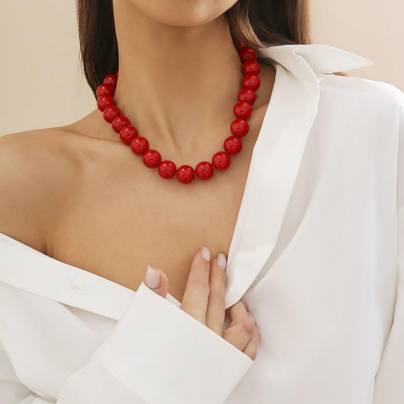 BERYUAN Black Red Pearl Choker Gothic Beads Collar Choker Faux Pearl Strand Necklace Boho Beads Necklace for Women(red) - Image 3
