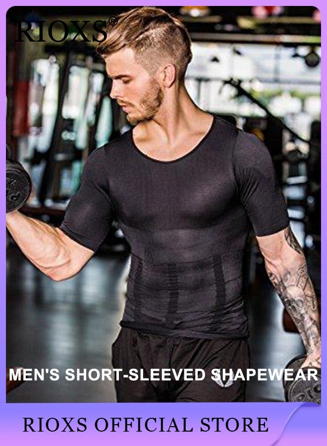 RIOXS Men's Round Neck Shapewear Tops Stretch Slimming Muscle Wear Athletic Body Shaper Shirt, Short Sleeve Tight T-shirt, Black - Image 2