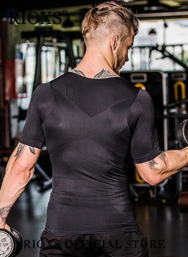 RIOXS Men's Round Neck Shapewear Tops Stretch Slimming Muscle Wear Athletic Body Shaper Shirt, Short Sleeve Tight T-shirt, Black - Image 4