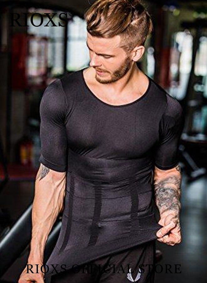 RIOXS Men's Round Neck Shapewear Tops Stretch Slimming Muscle Wear Athletic Body Shaper Shirt, Short Sleeve Tight T-shirt, Black - Image 3