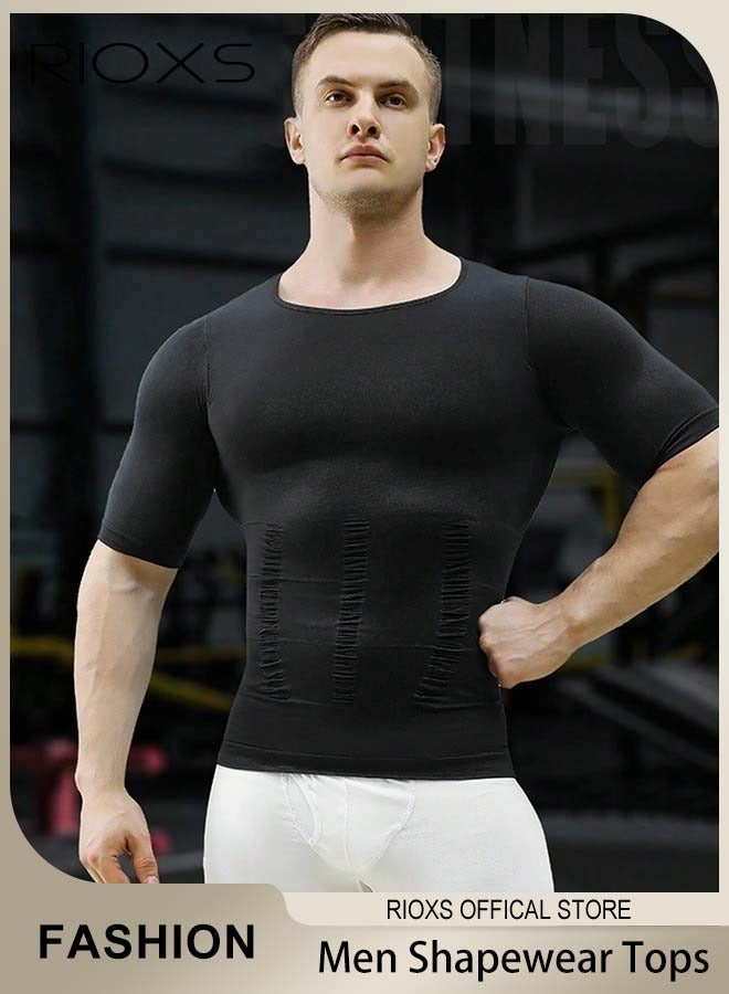 RIOXS Men's Round Neck Shapewear Tops Stretch Slimming Muscle Wear Athletic Body Shaper Shirt, Short Sleeve Tight T-shirt, Black - Image 1
