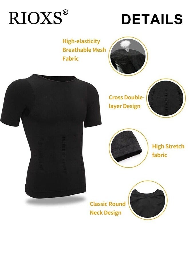 RIOXS Men's Round Neck Shapewear Tops Stretch Slimming Muscle Wear Athletic Body Shaper Shirt, Short Sleeve Tight T-shirt, Black - Image 5
