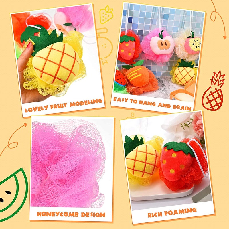 Bluwings Cute Fruit Bath Shower Sponge Loofahs Mesh Pouf Shower Ball Colorful Cartoon Body Scrubber Balls Shower Mesh for Kids Adults (Multi - 2PCS) - Image 2