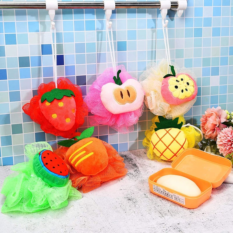 Bluwings Cute Fruit Bath Shower Sponge Loofahs Mesh Pouf Shower Ball Colorful Cartoon Body Scrubber Balls Shower Mesh for Kids Adults (Multi - 2PCS) - Image 4