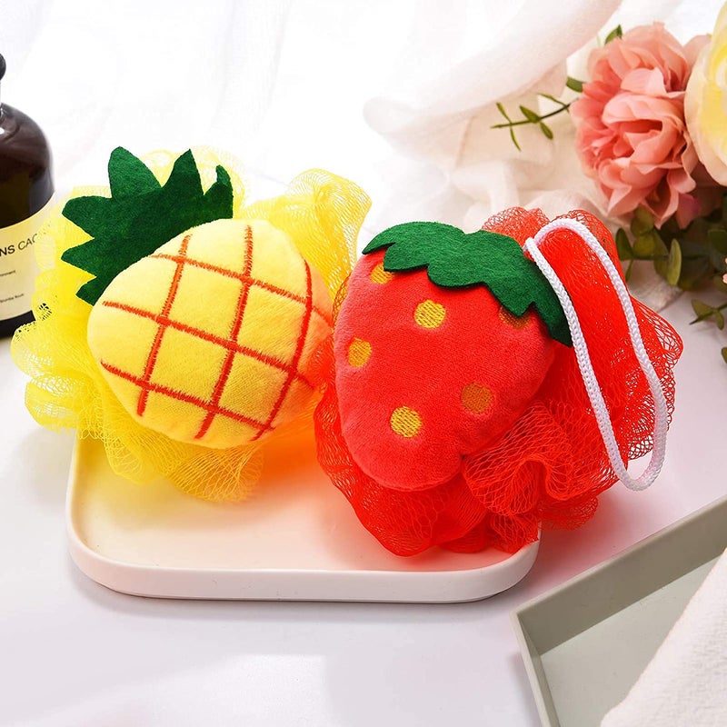Bluwings Cute Fruit Bath Shower Sponge Loofahs Mesh Pouf Shower Ball Colorful Cartoon Body Scrubber Balls Shower Mesh for Kids Adults (Multi - 2PCS) - Image 3