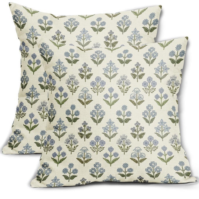 BLUE GREEN BLOCK PRINT PILLOW COVERS 16X16 INCH SET OF 2 VINTAGE FLORAL SPRING DECORATIVE THROW PILLOW CASES BOHO CUSHION COVERS RUSTIC DECORATION GIFT FARMHOUSE SOFA COUCH BED DECOR