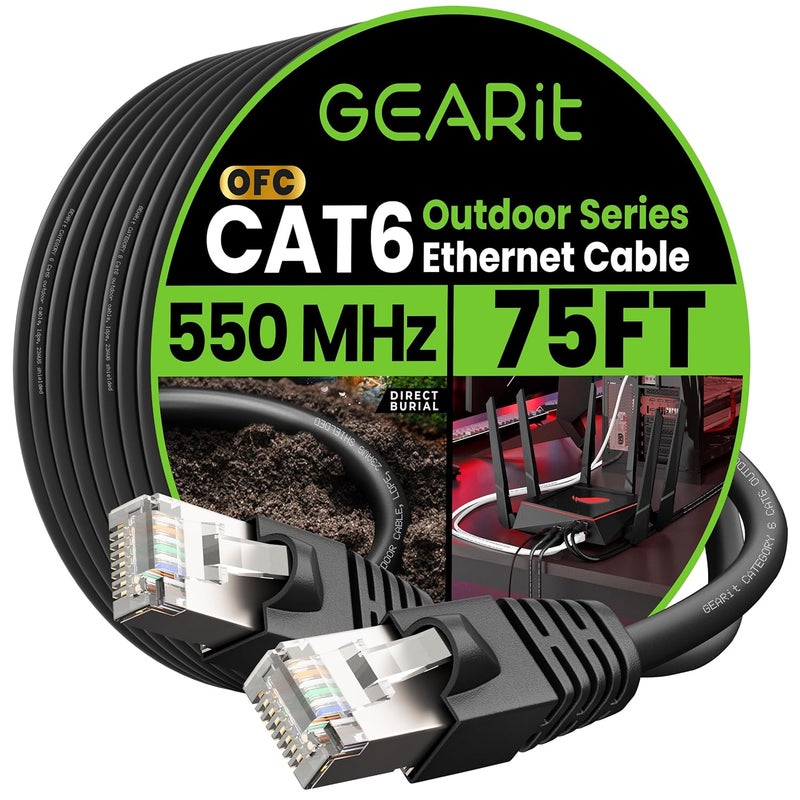 GearIT Cat6 Outdoor Ethernet Cable (75ft) 23AWG Pure Copper, FTP, LLDPE, Waterproof, Direct Burial, In-Ground, UV Resistant, POE, Network, LAN, Internet, Cat 6, Cat6 Cable - 75 Feet - Image 1