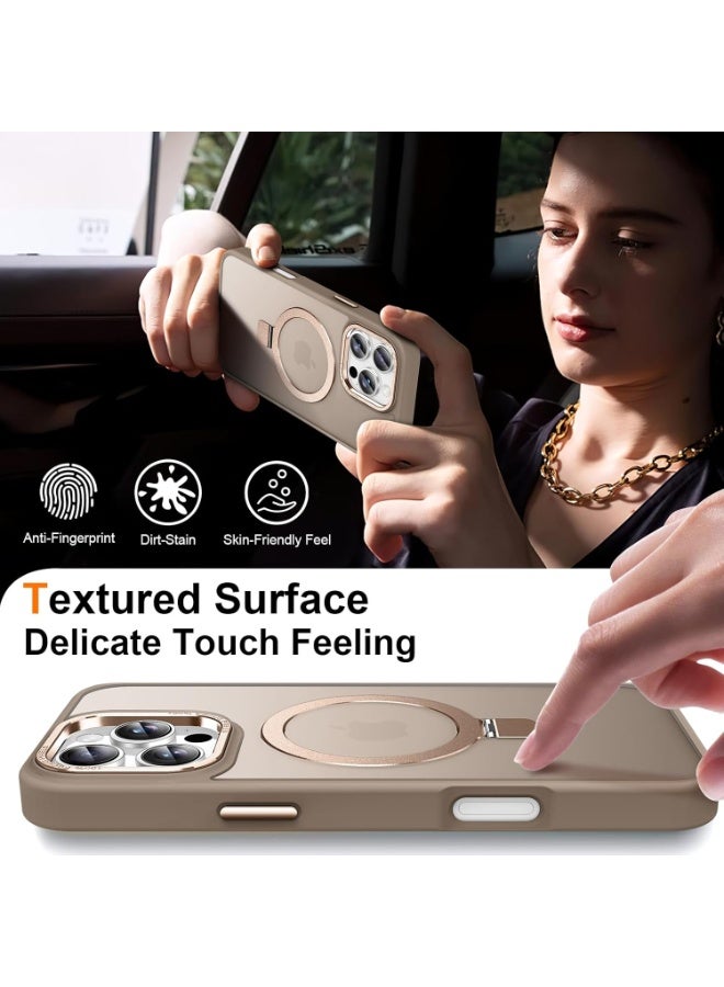 جراب مغناطيسي لهاتف iPhone 16 Pro Max مع حامل حلقي، [حماية من السقوط من ارتفاع 10 أقدام] [ملمس مخملي] جراب هاتف نحيف شفاف غير لامع مقاوم للصدمات لهاتف iPhone 16 Pro Max 6.9 بوصة، (بني) - Image 3