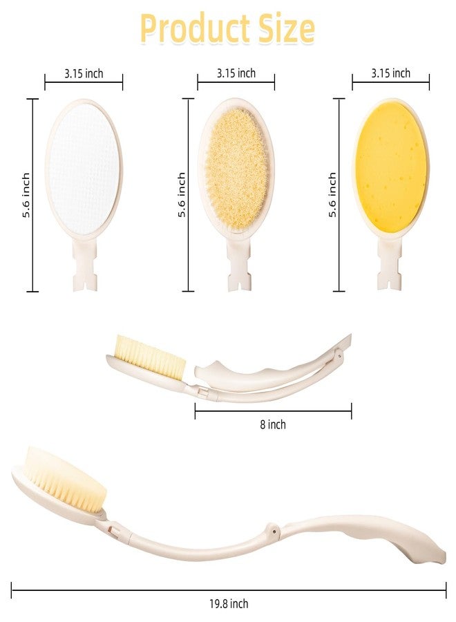 LFJ 19" Long Handle Shower Sponge Brush Set, 3 in 1 Body Brush, Bath Sponge and Lotion Applicator Improved Skin Health, Suitable for Men and Women (White Brush-2P) - Image 2