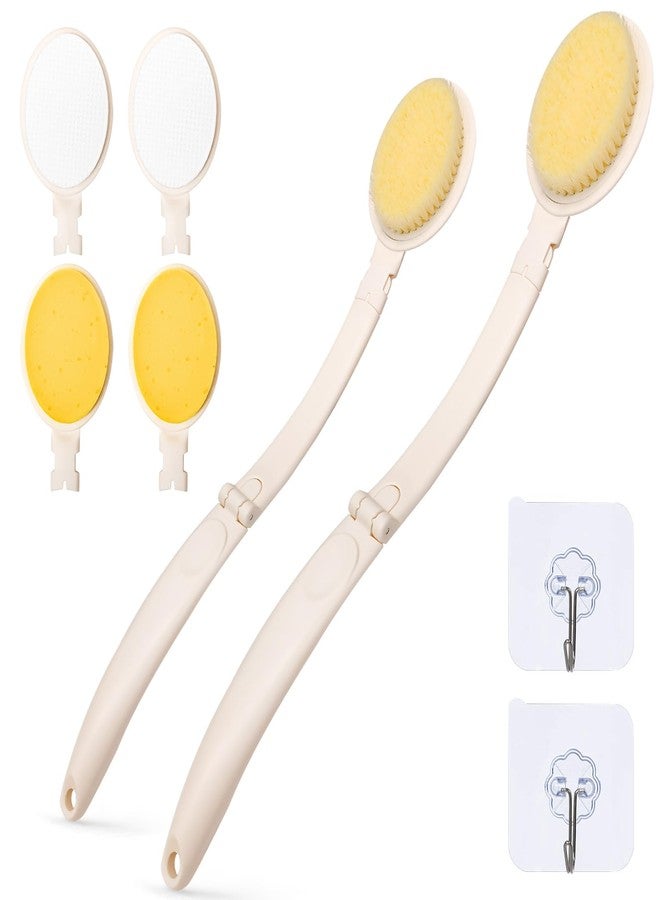 LFJ 19" Long Handle Shower Sponge Brush Set, 3 in 1 Body Brush, Bath Sponge and Lotion Applicator Improved Skin Health, Suitable for Men and Women (White Brush-2P) - Image 1