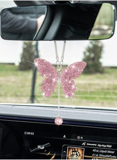 Car Hanging Ornament Car Hanging Pendant Butterfly Diamond Car Accessories, Crystal Car Rear View Mirror Charms for Women (Pink)