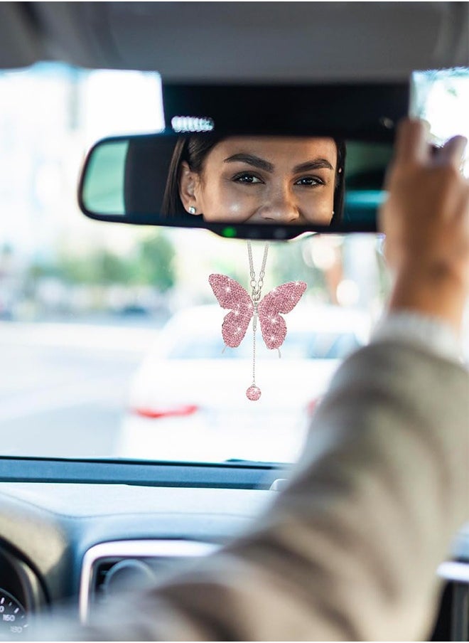 Bukela - Car Hanging Ornament Car Hanging Pendant Butterfly Diamond Car Accessories, Crystal Car Rear View Mirror Charms for Women (Pink) - Image 1